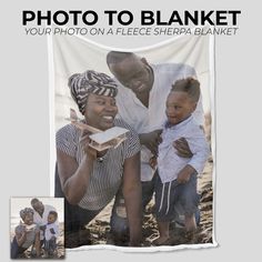 a man and woman holding a child on the beach with a blanket over them that says photo to blanket your photo on a fleece sherpa blanket