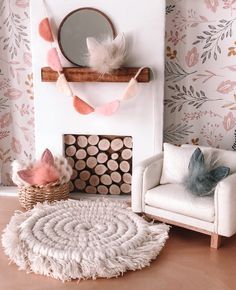 a living room filled with furniture and a mirror on top of a fireplace mantel