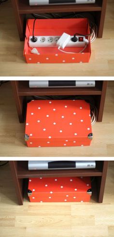 two pictures of an orange box with white polka dots on it, and the bottom one has a video game controller in it