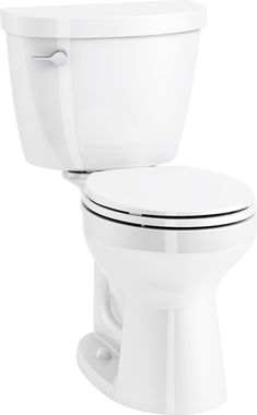 a white toilet with its lid up and the seat down, is shown in front of a white background