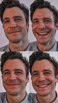 four different pictures of a man smiling and looking at the same person's face