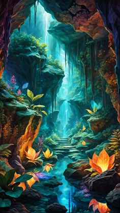 an image of a cave with water and plants