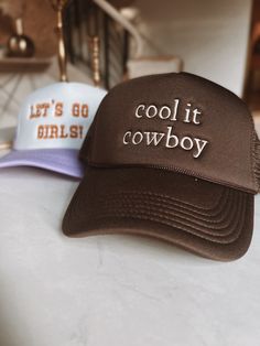 Custom embroidered Chattahucci Trucker Hat. Cool It Cowboy, Hat Cream, Pearl Bride, Country Aesthetic, Custom Trucker Hats, Brown Hat, Green Hat, Brown Hats, White Hat