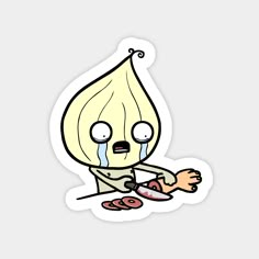 a sticker with an image of a crying onion on it's face and legs