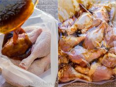 chicken wrapped in plastic sitting on top of a table next to a bag of food