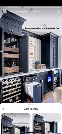 an image of a kitchen with blue cabinets and wine racks in the center, along with more like this