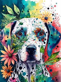 a painting of a dog with flowers on it's face