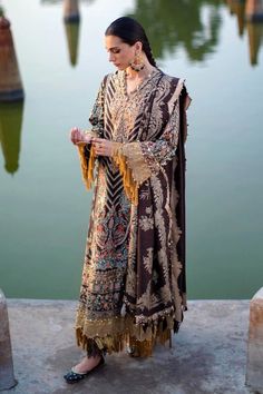 Brown Heavily Embellished Long Pakistani Salwar Kameez Suit Dupatta Suit Dupatta, Pakistani Salwar, Raw Silk Fabric, Winter Shawl, Pakistani Salwar Kameez, Sana Safinaz, Suit Fabric, Luxury Collection, 3 Piece Suits