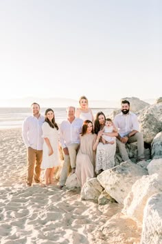 a group of people standing on top of a sandy beach next to the ocean in front of some rocks