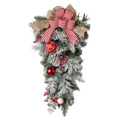 a christmas wreath with red and white ornaments