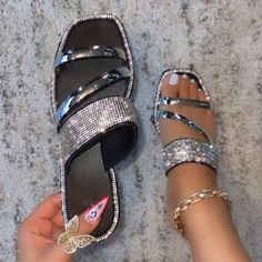 Summer Silver Sandals With Rhinestones, Silver Open Toe Sandals With Rhinestones, Silver Sandals With Rhinestones For Summer, Silver Rhinestone Sandals For Summer, Sparkling Silver Sandals For Summer, Trendy Silver Sandals For Party, Silver Bling Sandals For Spring, Silver Sparkling Open Toe Sandals, Spring Silver Sandals With Bling