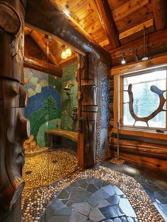 the bathroom is decorated in wood and has a mosaic tile design on the wall, along with stone flooring