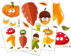 the cut outs are showing different types of autumn leaves and acorns with faces