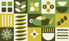 an assortment of green and yellow patterns on a white background, including leaves, circles, shapes, and lines