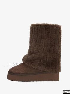 Fisdy - Elegantes botas de invierno para mujer: Punta redonda, piel sintética, puño de cuero y características de botas de nieve Fur Boots Outfit, Brown Fur Boots, Shoe List, Womens Winter Boots, Dark Brown Boots, Knit Shirt Dress, Womens Winter, Cuff Detail, Snow Boots Women