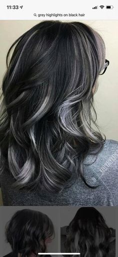 Black With Silver Highlights Short, Skunk Highlights Black Hair, Black Hair With Frosted Tips, Black Hair With Silver Balayage, Gray Peekaboo Hair, Grey Peekaboo Hair, White Highlights On Black Hair, Silver Highlights On Dark Hair, Black Hair With Platinum Highlights