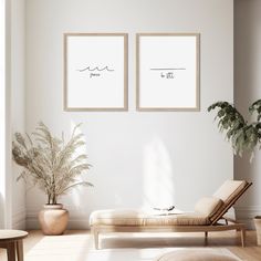 two framed pictures hang on the wall above a chaise lounge in a living room