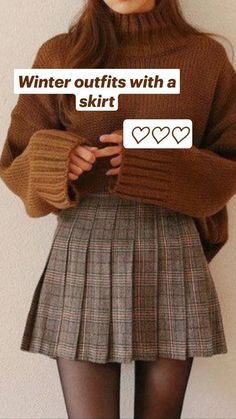 Outfits With A Skirt, Plaid Skirt Outfit Fall, Checkered Skirt Outfit, Easy Winter Outfits, Skirt Outfits With Boots, Brown Skirt Outfit, Skirts And Boots, Sweater Skirt Outfit, Skirt Outfits Aesthetic