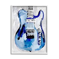 a blue guitar is hanging on the wall in front of a black framed art print