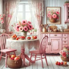 a pink kitchen with flowers and fruit on the table