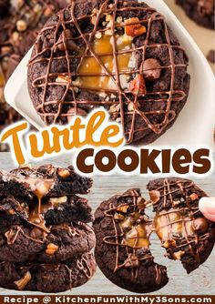 chocolate turtle cookies with caramel drizzle on top and the words turtle cookies above them