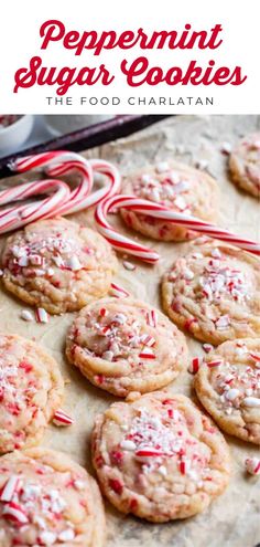 peppermint sugar cookies on a baking sheet with candy canes in the background