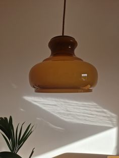 a brown light hanging from a ceiling in a room with a potted plant next to it