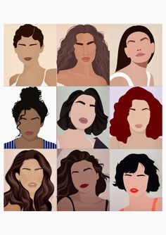 six different types of women's hair are shown in this image, each with different colors