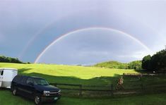 A double rainbow in the sky at a horse farm on a cloudy day. Horse In Trailer, Virginia Horse Farm, River Road Farm Connecticut, New England Horse Farms, Rainbow Sky, Cloudy Day, Horse Farms, Rainbow