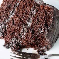 a piece of chocolate cake on a plate with a fork