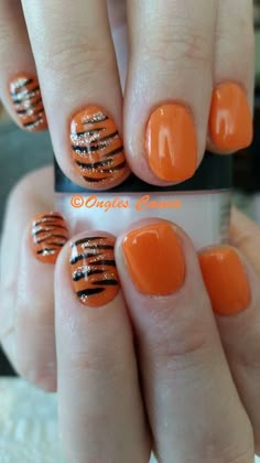 Orange And Black Tiger Nails, Auburn Tigers Nails, Tiger Manicure, Bengals Nails Designs, Ring Ceremony Nails, Bengal Nails, Clemson Nails, Bengals Nails, Tiger Nails Designs