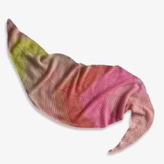 a pink, yellow and green striped scarf on a white background in the shape of a banana