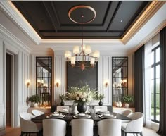 an elegant dining room with white chairs and black table