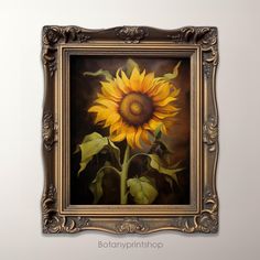 an oil painting of a sunflower in a gold frame