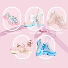 there are many different types of shoes with bows on the top one is blue, pink, and white