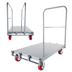 a metal platform with two red wheels and one is on the bottom right hand side