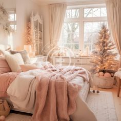 a bedroom decorated for christmas with pink and white decor