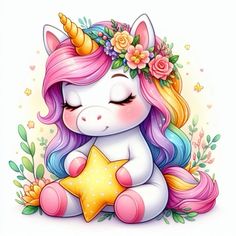 a cute unicorn with flowers and a star in its's hand is sitting on the ground