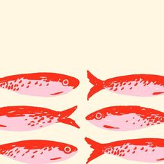 four red fish swimming in the ocean together on a light pink and beige background with black dots