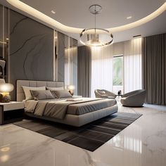 a modern bedroom with marble flooring and white walls, along with an oval chandelier