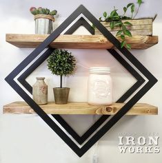 two shelves with plants and jars on them in the shape of an rhomplant