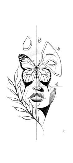 a black and white drawing of a woman with butterflies on her face