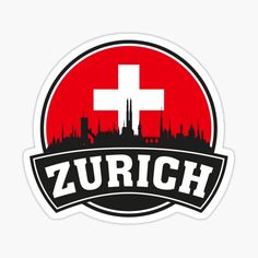 st gallen sticker with the city skyline in red and white, on a black background