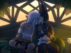 two anime characters sitting next to each other in front of a wooden structure at sunset