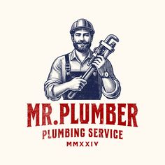 the logo for mr plumber plumbing service, with an image of a man holding a wren