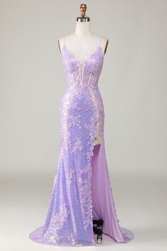 Classic Match: Whether you are dressing for a wedding party, prom,evening party or other formal party, this sophisticated long maxi prom dress will be your lovely partner.  Fabric: Polyester, highlighting feminine morbidezza and grace  Tips: Recommended hand wash seperately in cold water, dry clean is also available. Purple Corset Prom Dress, Corset Prom Dress, Long Mermaid Dress, Dress Applique, Sparkly Party Dress, Purple Corset, Split Prom Dresses, Mermaid Prom Dress, Spaghetti Strap Prom Dress