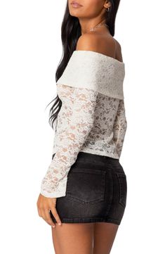 Turn heads on your next night out in this ornate lace top that conceals and reveals in alluring fashion. Off-the-shoulder neck Long sleeves Sheer 95% polyester, 5% spandex Machine wash, dry flat Imported Lace Off The Shoulder Top, Cream Lace Top, Sheer Sweater, Womens Lace Tops, Sheer Lace Top, White Lace Top, Lace Crop Tops, Shoulder Crop Top, Off The Shoulder Top