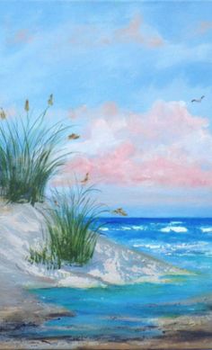 a painting of the ocean and sand dunes