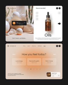 the website design for oils is shown in two different screenshots, one with an orange and white background