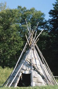 a teepee with sticks sticking out of it sitting in the middle of a field